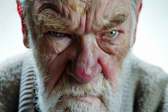 Intense close-up of an elderly man's face, his furrowed brow and piercing gaze conveying deep emotion, possibly anger or concern. His weathered skin and prominent features speak of a life lived.