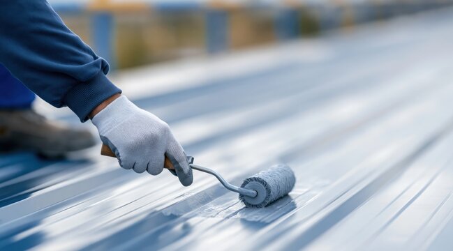 Hand in glove painting corrugated metal roof with roller