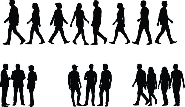 Vector silhouettes of people walking and standing in groups isolated on a white background