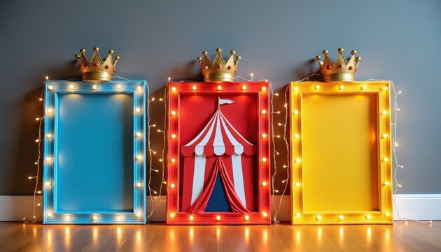 Three decorative frames with circus tent and crowns. Frames have carnival lights around them. Blue yellow red empty picture borders for your text or photo.