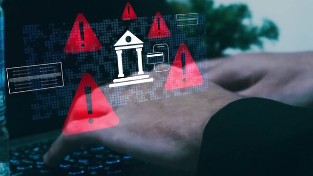Cybersecurity warning alert for online banking fraud and financial risk detection on laptop with digital threat notification and secure transaction monitoring.