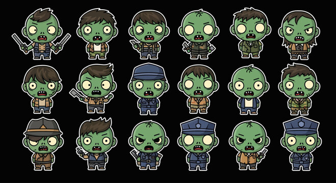 Cute Zombie Characters Collection, Cartoon Style, Halloween Icons
