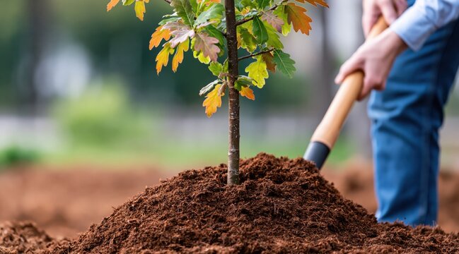 Close up of young oak sapling being planted in soil with shovel