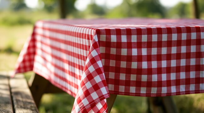 Red checkered tablecloth on wooden picnic table outdoors
