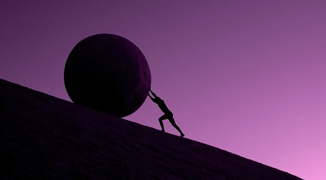 silhouette of man pushing large boulder up steep hill against purple background