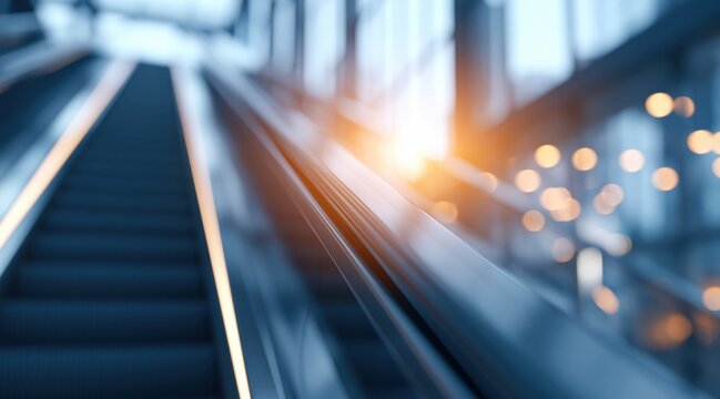 Low angle view of modern escalator with bright light flare and bokeh