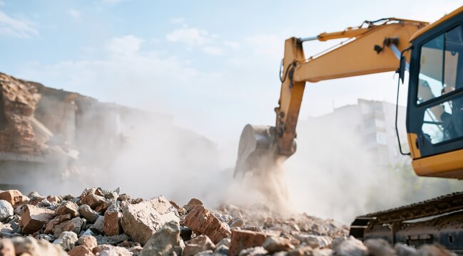 Yellow excavator clearing debris and rubble on demolition site