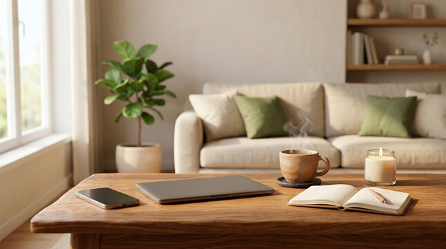 3D clay illustration of a cozy home office setup on a wooden table with a laptop, notebook, steaming cup of tea, and a candle. Concept for remote work, mindfulness, and Hygge lifestyle.