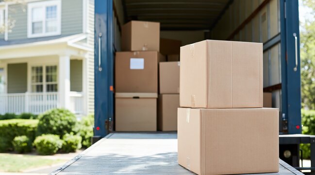 Stacked cardboard boxes on moving truck ramp in front of suburban house
