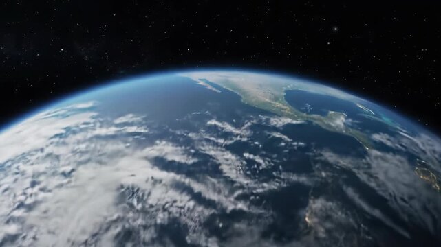 Stable distant orbital video of photorealistic Planet Earth slowly rotating with vast oceans, clouds, continents, city lights against a starry cosmos. Global perspective concept