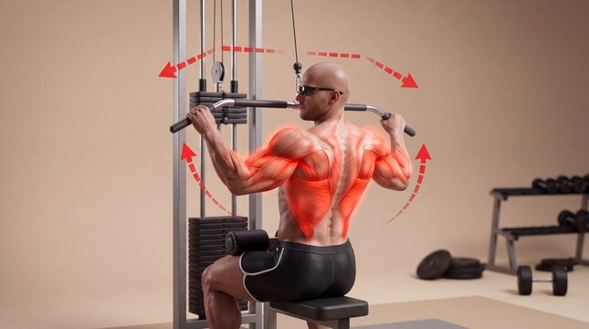 Muscular man doing lat pulldown exercise with back muscle activation highlighted in gym, exercise