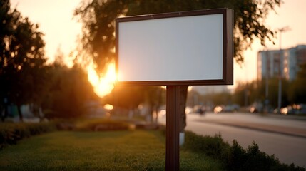 Obraz premium A blank rectangular sign stands prominently in a sunlit outdoor setting framed by trees and warm evening light
