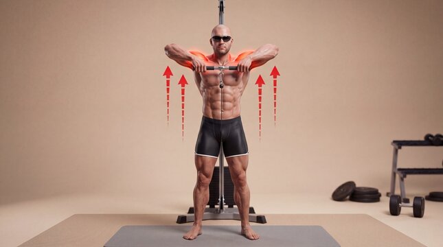 Standing cable upright row exercise with highlighted shoulder and trapezius muscle anatomy, shoulder