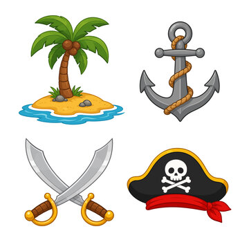Cartoon pirate vector set with tropical island, anchor, and cutlass swords