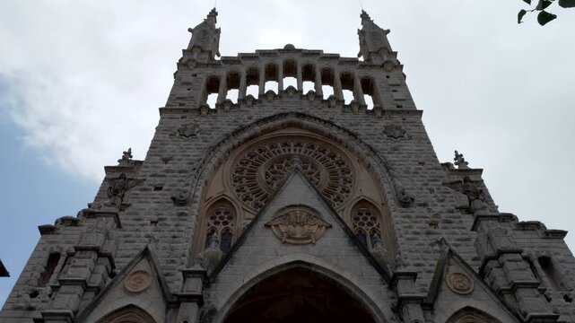 Mallorca, Spain. 07-28-2026. Sant Bartomeu church facade. Tilt 4K