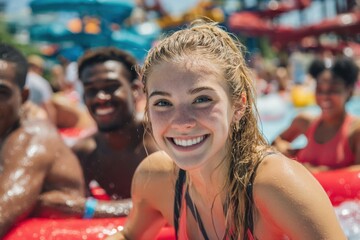 Fototapeta premium Teenagers Enjoying Water Park Rides During Summer Vacation