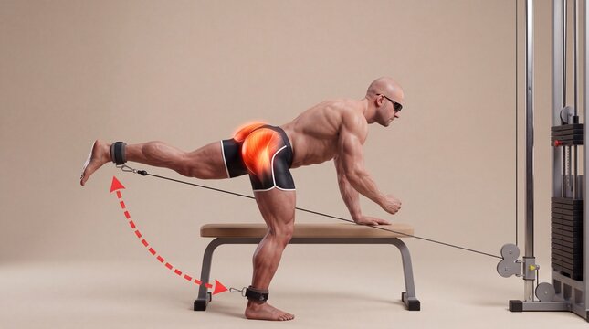 Man performing cable glute kickback exercise with highlighted leg and gluteal muscles, kickback