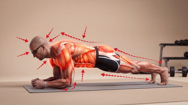 Muscular man performing plank exercise with anatomical muscle engagement overlay and arrows