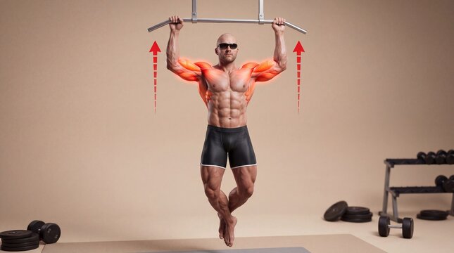 Athletic man doing wide grip pull ups on bar highlighting back and latissimus dorsi muscles