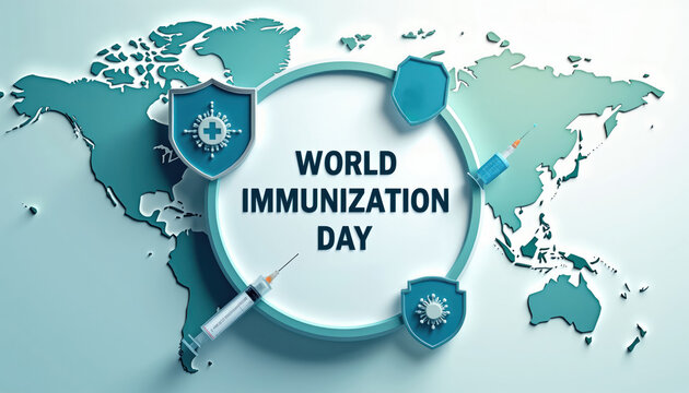 Global immunization protects against viruses. Syringes and shields on world map promote health awareness for World Immunization Day. Medical science advances health.