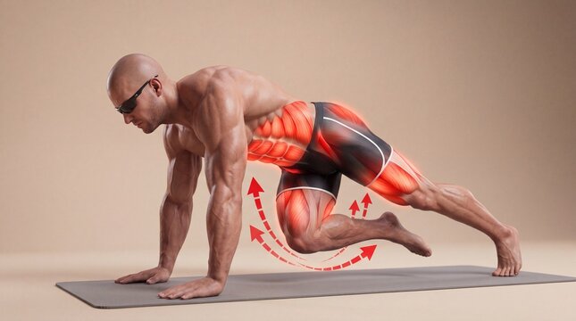 Man doing mountain climber exercise on floor mat with highlights on core abdominal muscle groups