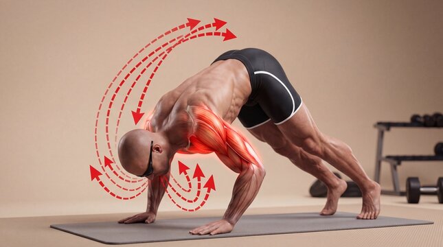 Athletic man performing pike pushups for shoulder strength training with muscle highlights, shoulder