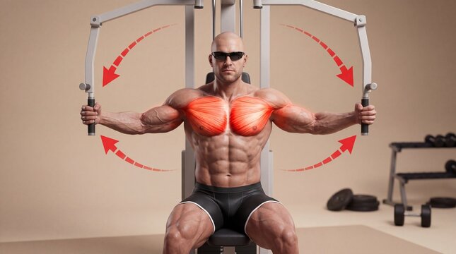 Bodybuilder training on chest fly machine showing pectoral muscle activation and exercise path