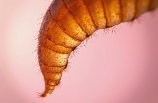 Macro view of amber insect leg showing detailed segments and fine hairs against soft pink backdrop. Microscopic focus on arthropod anatomy and natural chitin structure for scientific research.