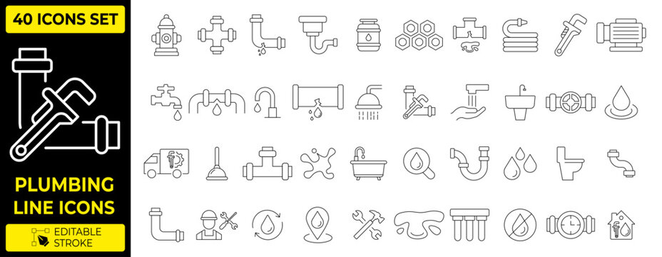 Modern Plumbing and Water Pipeline Line Icons Set, Minimalist Home Repair Sewerage System and Bathroom Fix Utilities Vector Elements Collection with Editable Stroke