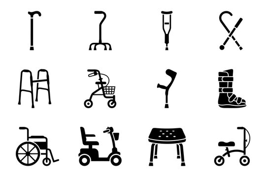 Assistive mobility devices collection: canes, crutches, wheelchairs, scooters, walkers.
