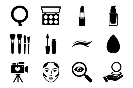 Makeup and beauty icons: brushes, lipstick, palette, eye shadow, mascara, eyeliner, foundation symbols.