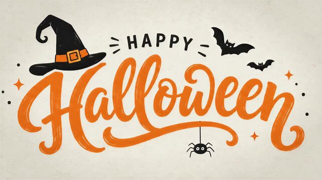 Happy Halloween calligraphy with witch hat, bats and spider on cream textured background