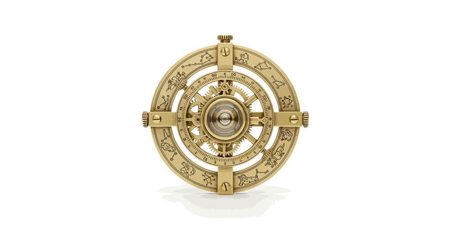 Ornate gold astronomical clock astrolabe with intricate details on white background, antique navigation instrument for astronomy and timekeeping