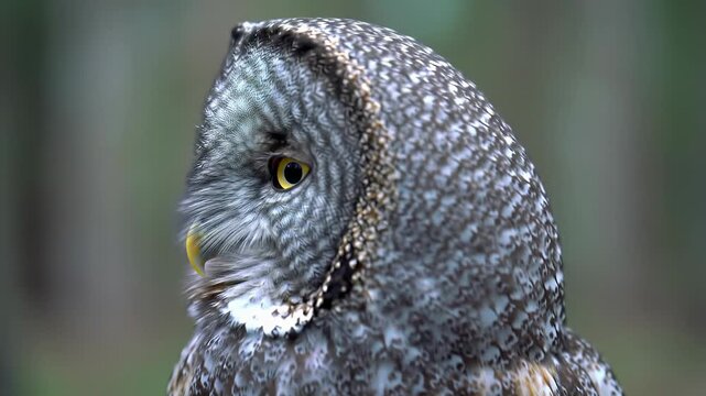 Great grey owl, extreme close-up video, golden eyes, intricate grey plumage. Blinks, stares, rotates head. Diffused forest background with bokeh. Serene wildlife portrait concept