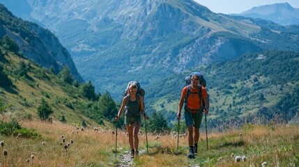Fototapeta premium Couple Enjoys Hiking Through Green Mountain Valley With Panoramic Views in Summer Sunshine While Embracing Healthy Active Lifestyle