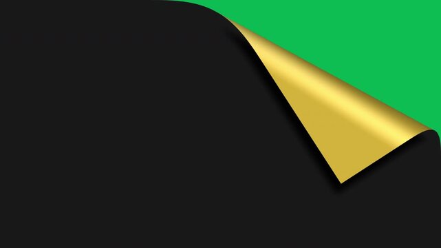 Luxury black gold page corner peel animation with paper peel motion revealing green screen open and close on top right and top left corners. 4K animated page peel for copy space and motion graphics.