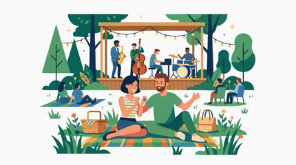 Fototapeta premium People enjoying outdoor concert picnic with live jazz band performance in park PNG Isolated on transparent background