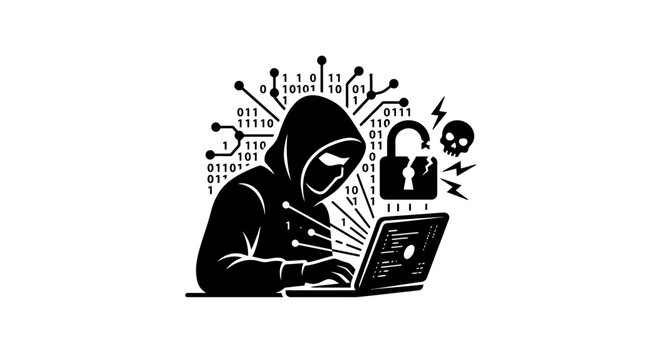 Hooded figure with laptop and binary code black silhouette on white