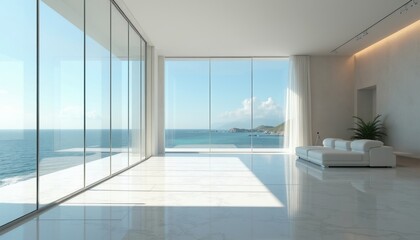 Fototapeta premium Minimalist white interior with large glass windows facing ocean. Bright sunlit room, luxury living space with modern sofa and sea view. Calm, airy, elegant design.