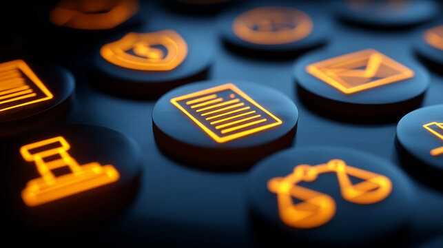 Legal and document icons arranged on digital buttons, representing online compliance, law technology, contract management, and secure administrative workflow.
