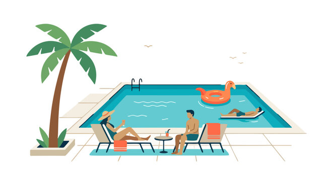 People relaxing by a swimming pool with a palm tree and flamingo float