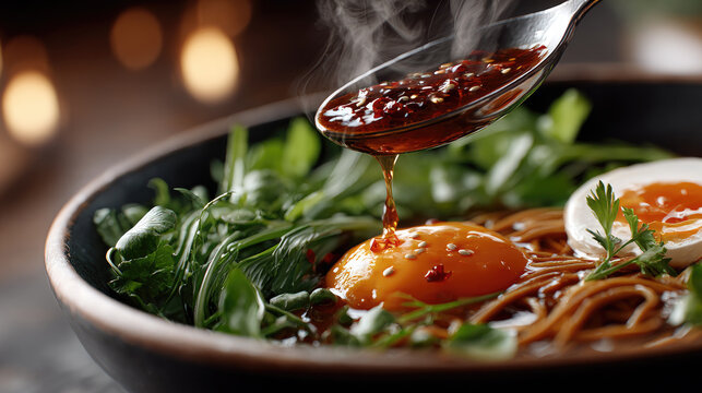 Chili crisp sauce pouring onto a steaming ramen bowl with noodles, a soft boiled egg, and green garnish, enhancing the dish with a rich, spicy, and savory umami flavor