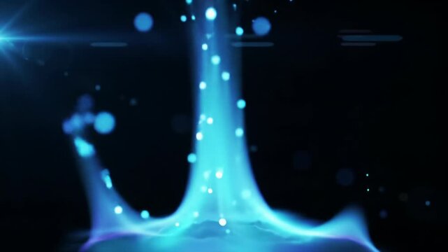 An extreme close-up of an ethereal blue flame, pulsating as pure energy against an infinite black void with bokeh and magical lens flare. Concept of mystical ancient power