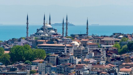 Fototapeta premium Istanbul, Turkey - May 19, 2026: Panoramic view of Istanbul, Turkey, showing the city skyline, buildings, urban neighborhoods, rooftops, and scenic cityscape.