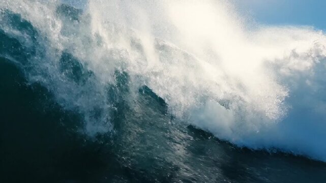 Close up of blue ocean wave breaking with white foam.