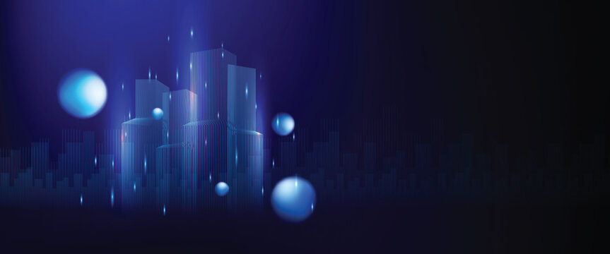 Futuristic city skyline with glowing orbs and neon blue digital network illustration