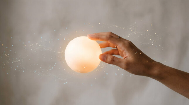 A serene minimalist image of a human hand gently touching a soft glowing orb of light while surrounded by faint floating digital particles, calm neutral background.