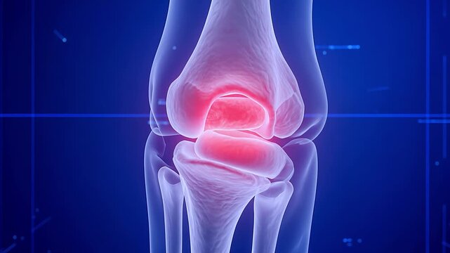 Glowing red pain in human knee joint on x-ray style 3d animation against futuristic blue digital background, medical healthcare concept of arthritis and joint injury