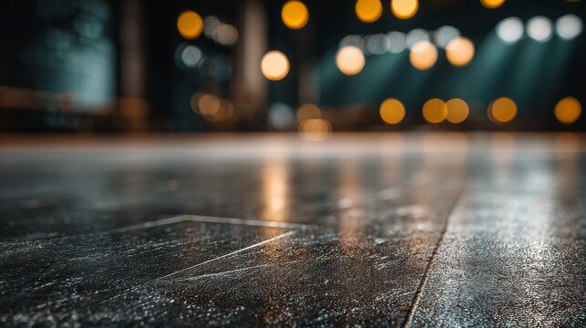 Glowing wooden floor with bokeh lights in a dance studio setting.