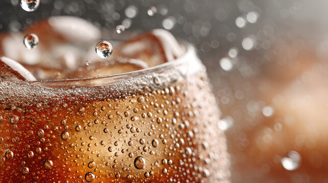 Refreshing carbonated drink flowing in a clear glass with ice cubes and condensation, bubbling with invigorating energy, cool splashing water droplets creating dynamic freshness